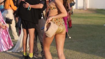Holly Scarfone Takes Over Coachella in an Embellished Golden Bikini (31 Photos)