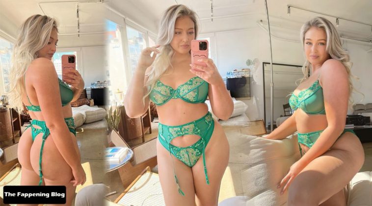 Iskra Lawrence Displays Her Natural Breasts & Butt in Green Thong Lingerie (8 Photos)