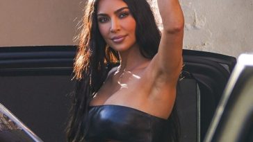 Kim Kardashian Leaves Jimmy Kimmel Live in a Sexy Leather Bandeau Top (7 Photos)